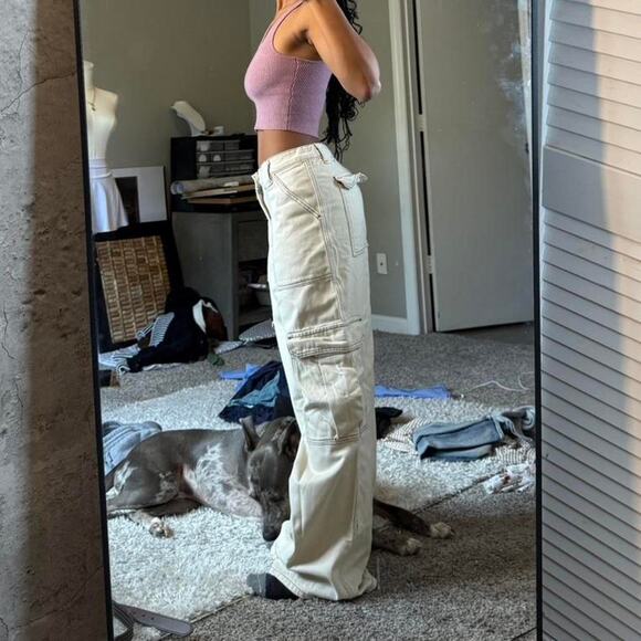 Cream & Tan Wide Leg Cargo Pants - Picture 3 of 8